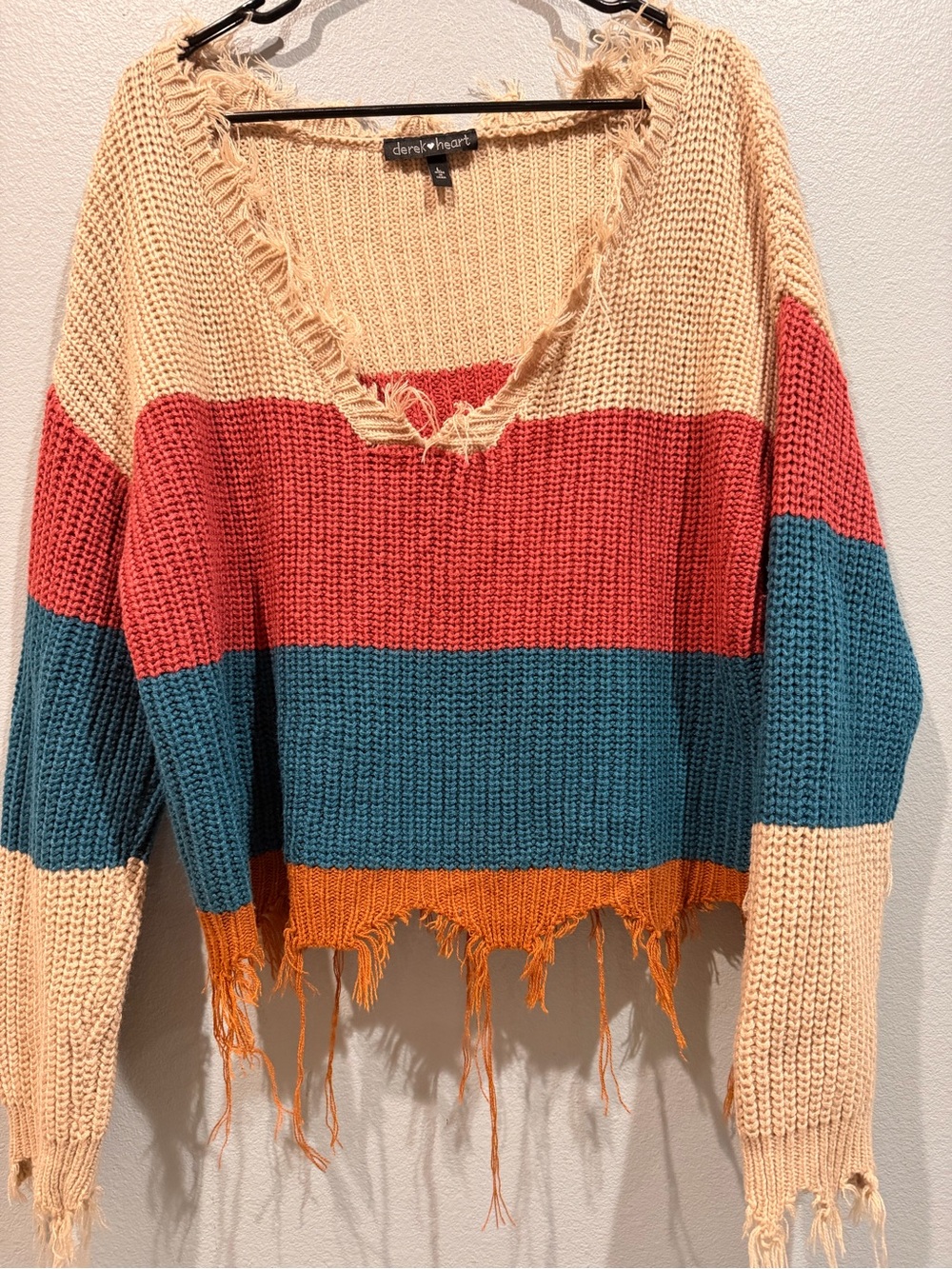 Derek Heart Burgundy Teal Rust Orange Ultra Distressed Stripe V-Neck Sweater